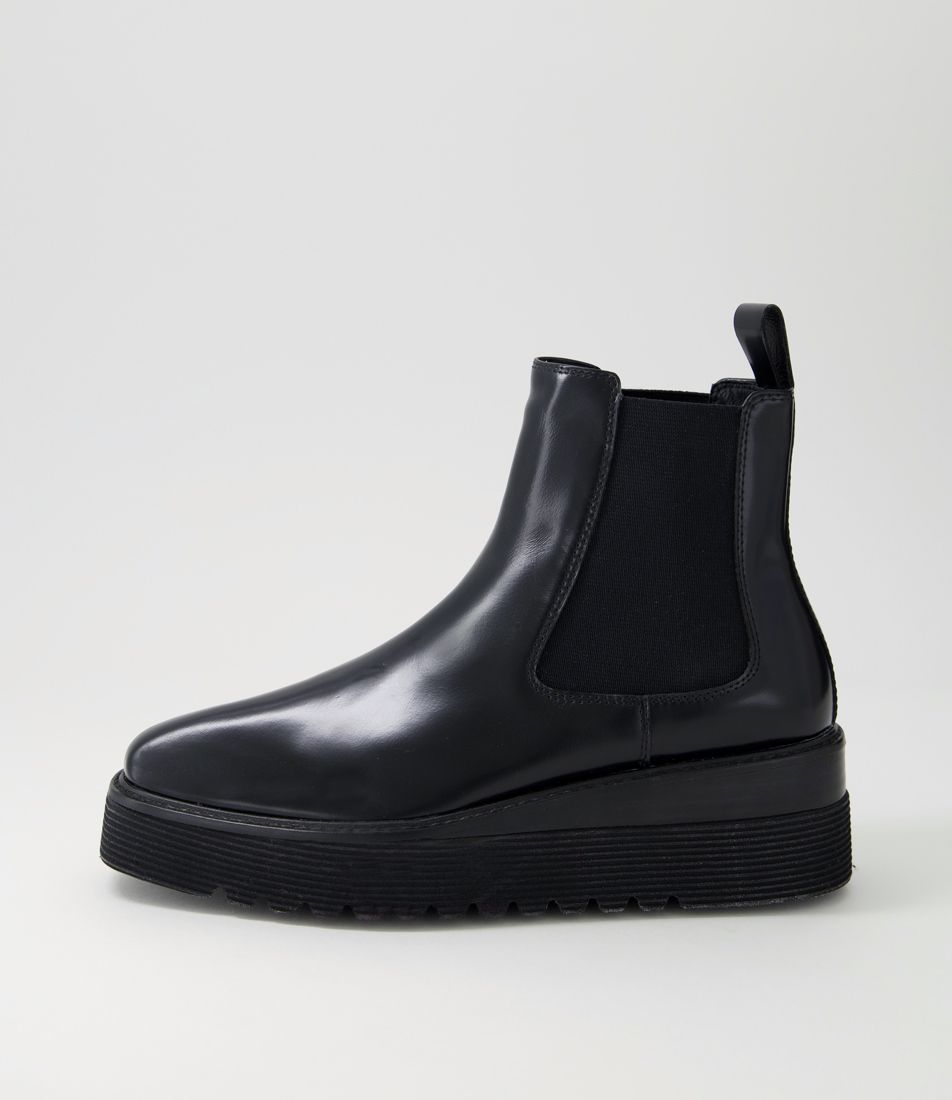 Ullons Black Leather Elastic Chelsea Boots