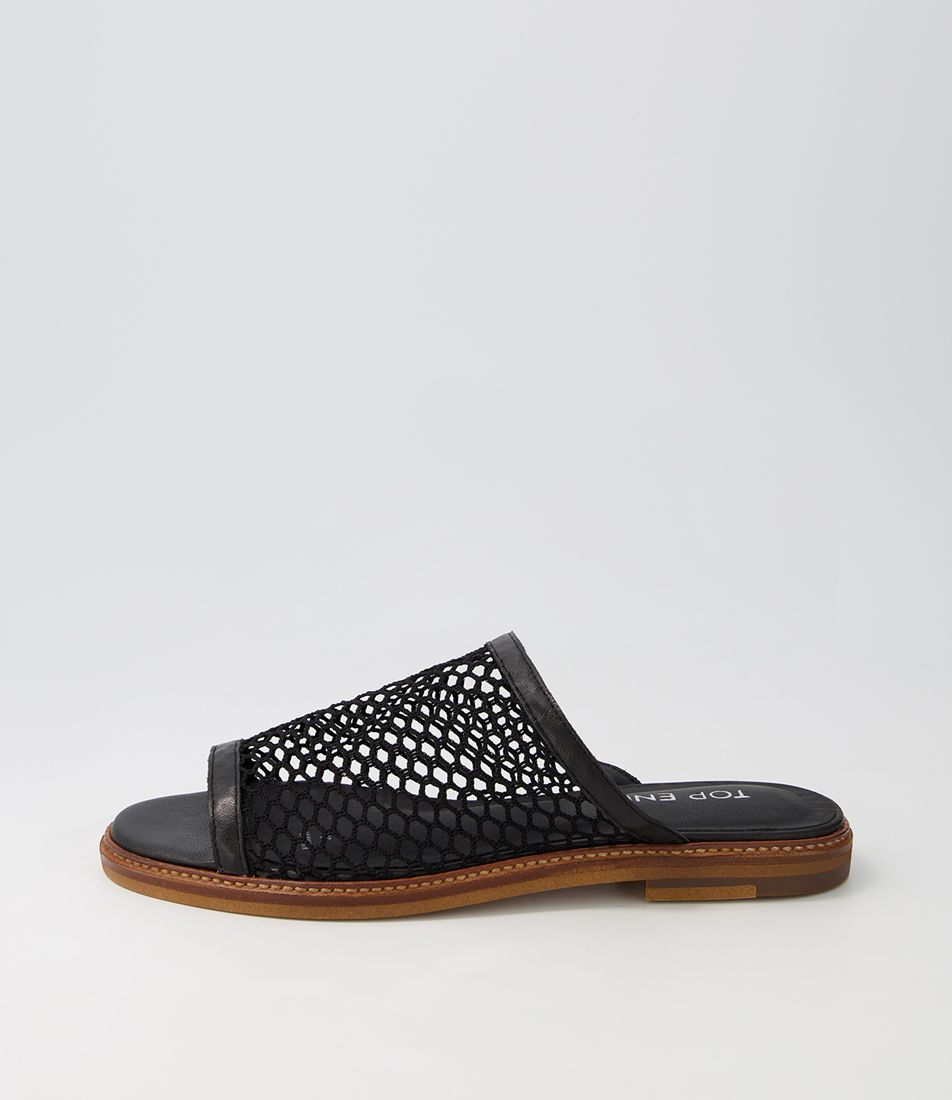 Natavia Black Leather Mesh Slides