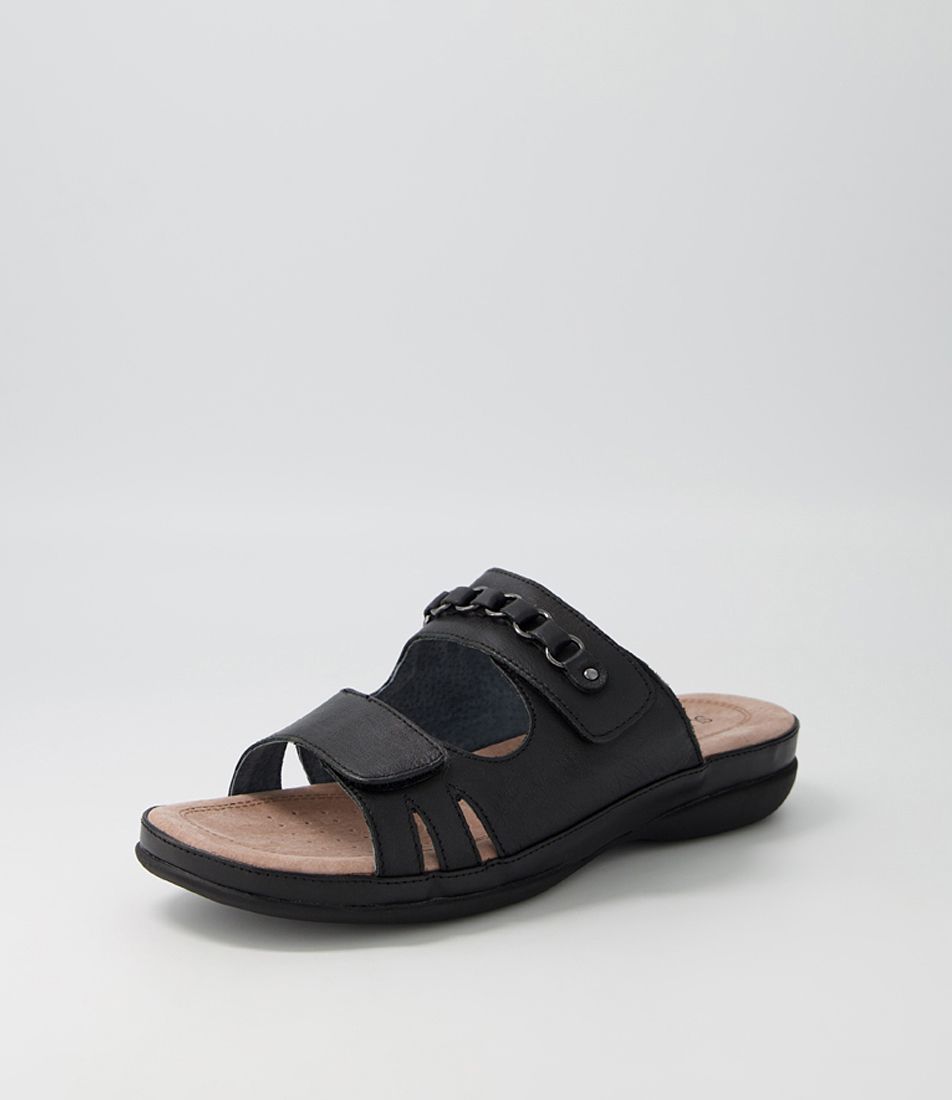 Satisy Black Leather Slides