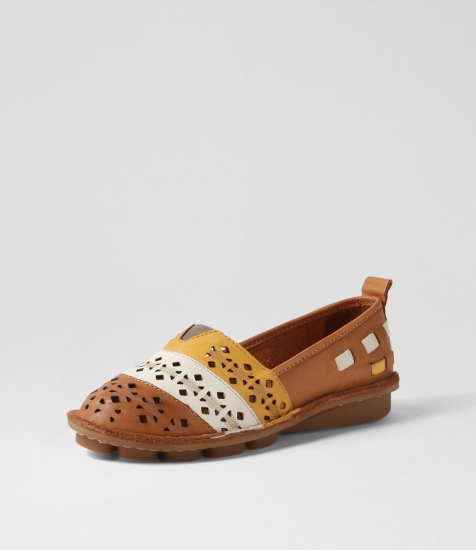 Lazilli Tan White Leather Flat Shoes