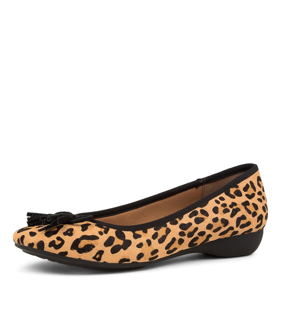 Elinsy Tan Leopard Black Leather Ballet Flats