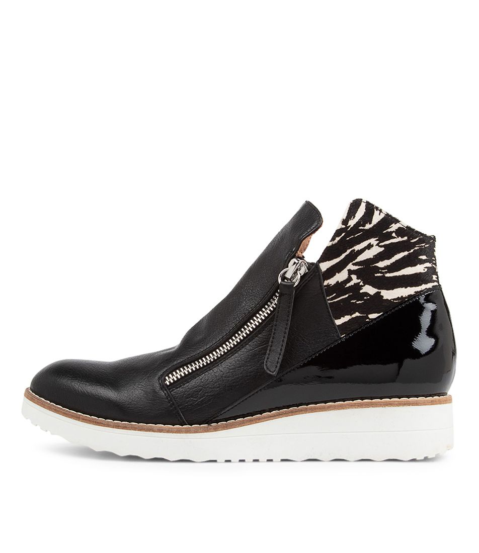 Ossha Black Zebra Leather Ankle Boots