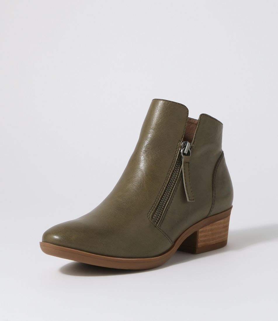 Zalen Olive Leather Ankle Boots