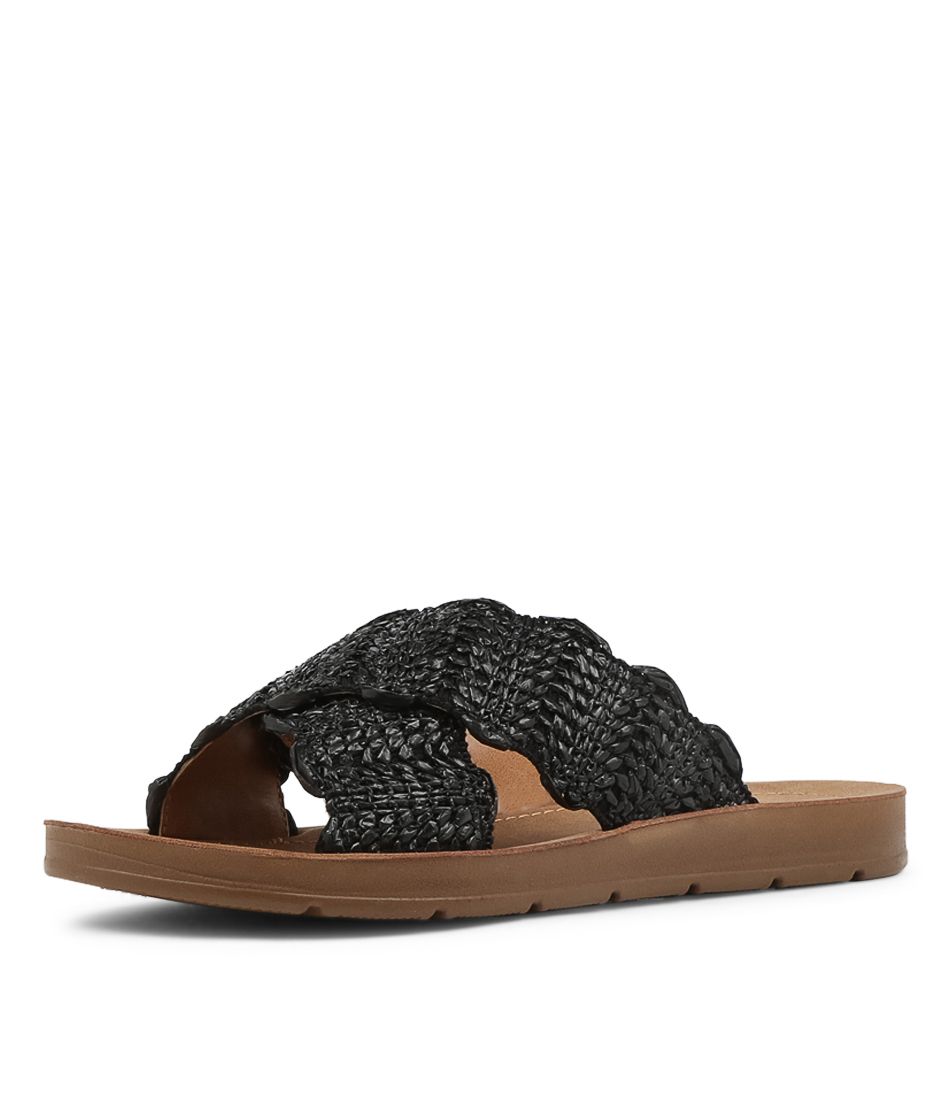 Mulkie Black Syn Raffia Slides NS