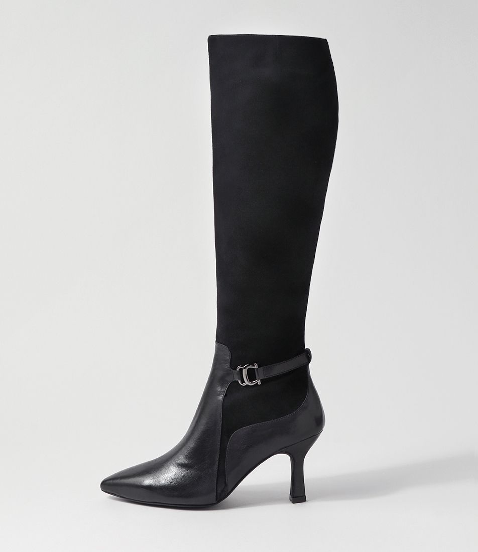 Larnow Black Leather Suede Knee High Boots