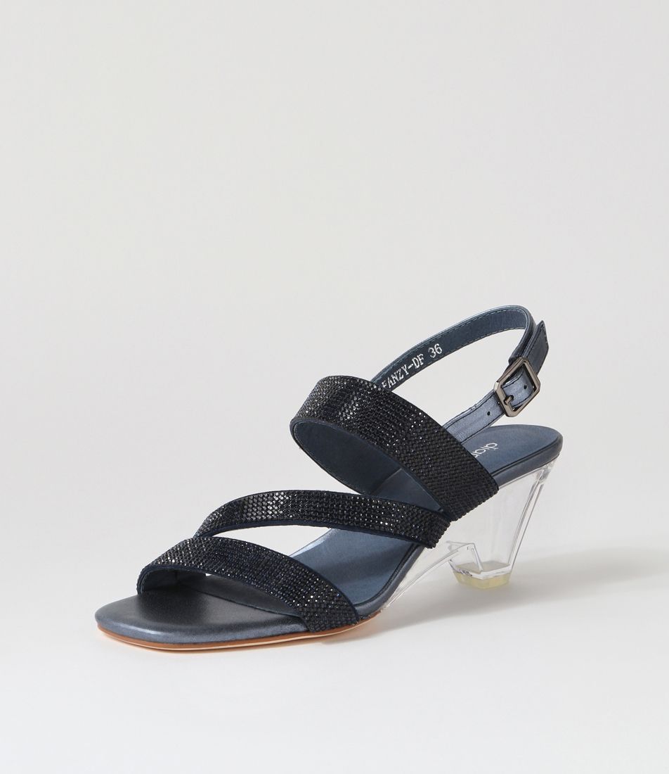 Fanzy Navy Clear Jewels Leather Sandals