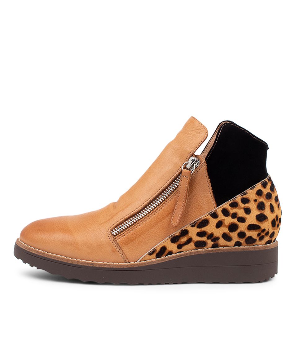 Ossha Dark Tan Leopard Leather Ankle Boots