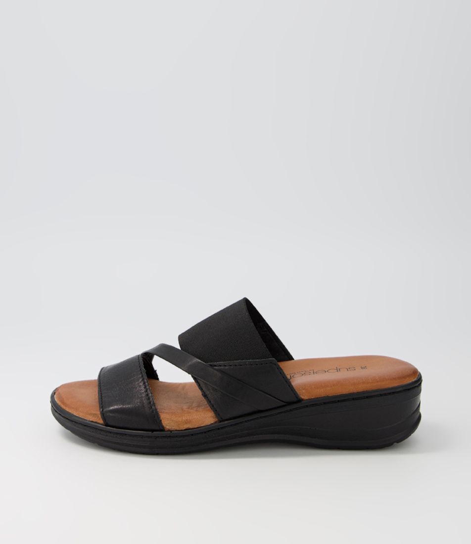Teelina Black Leather Elastic Sandals BS