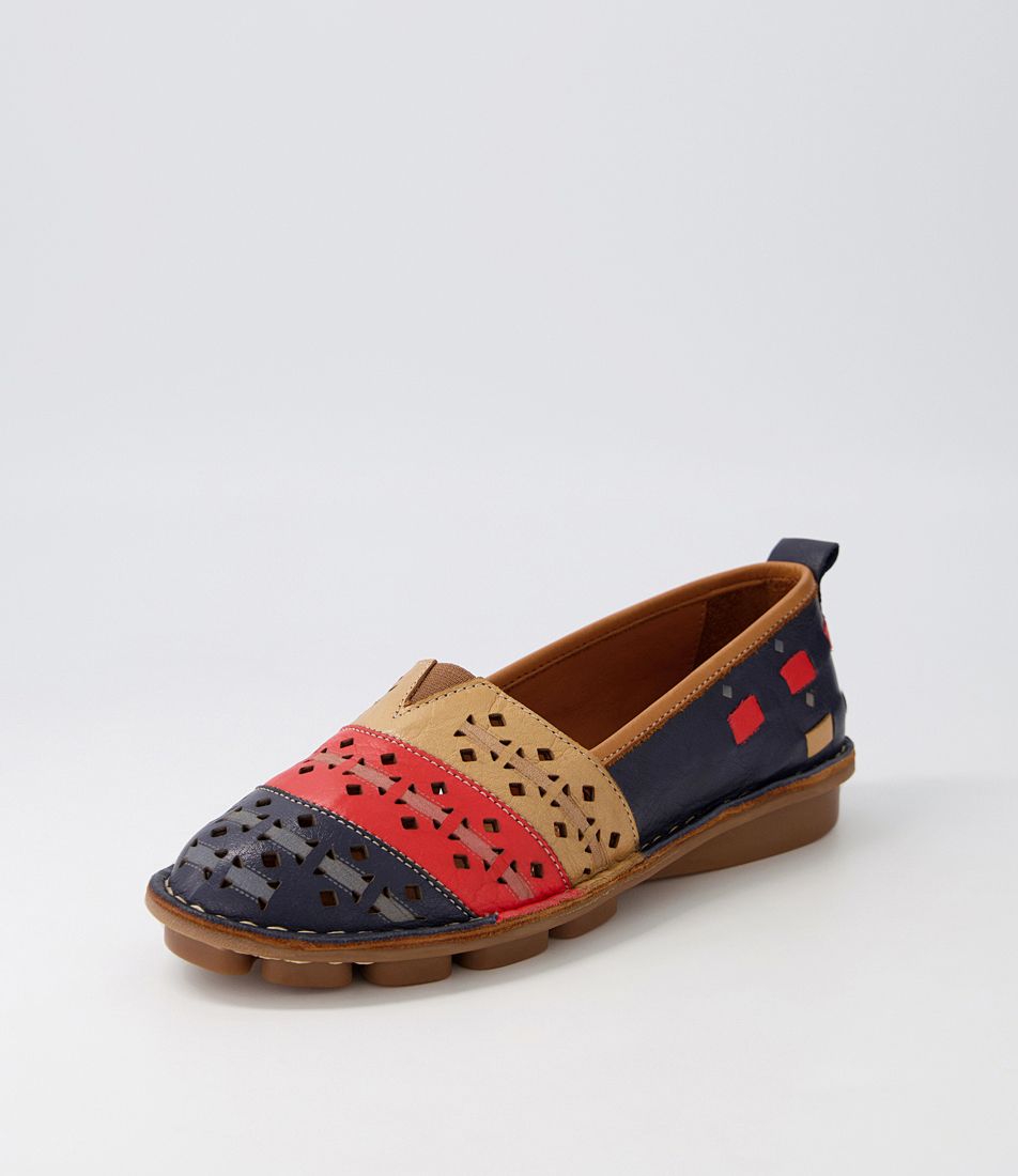 Lazilli Navy Red Tan Leather Flat Shoes