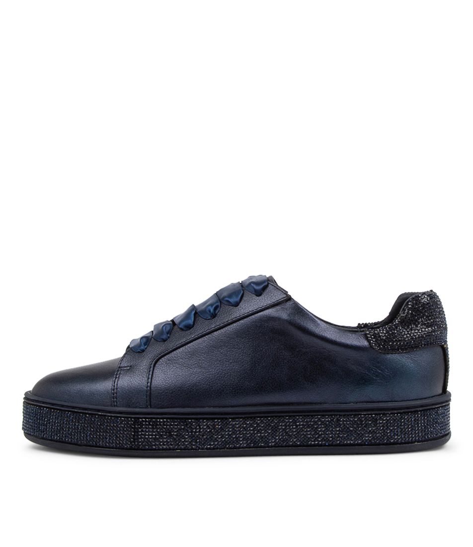 Pluma Navy Metallic Leather Lace Up Flats