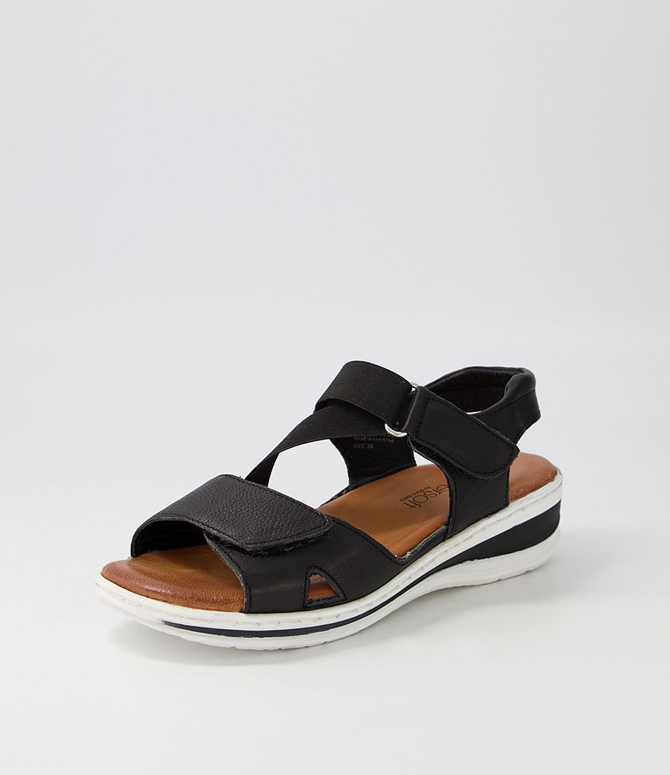 Tina2 Black Leather Elastic Sandals