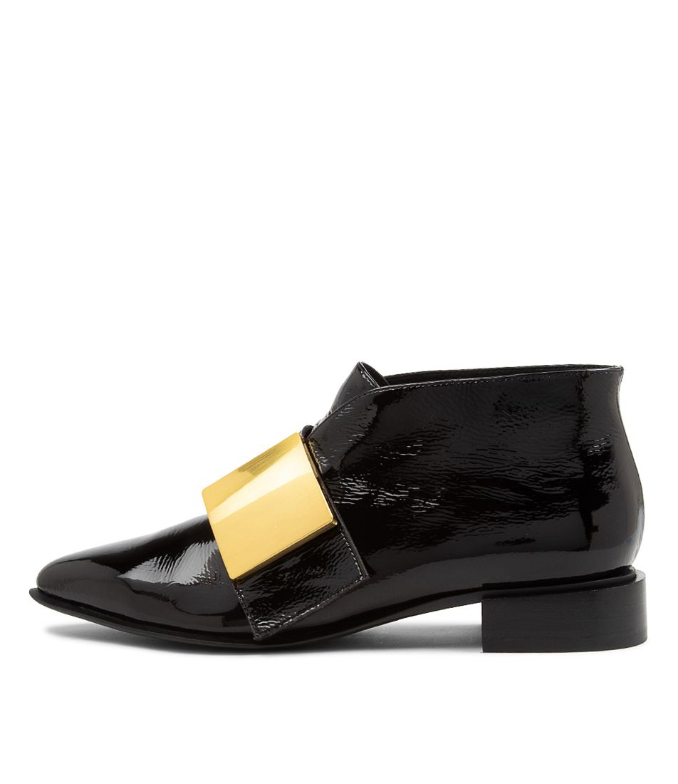 Zhia Black Gold Wrinkle Patent Flat Shoes