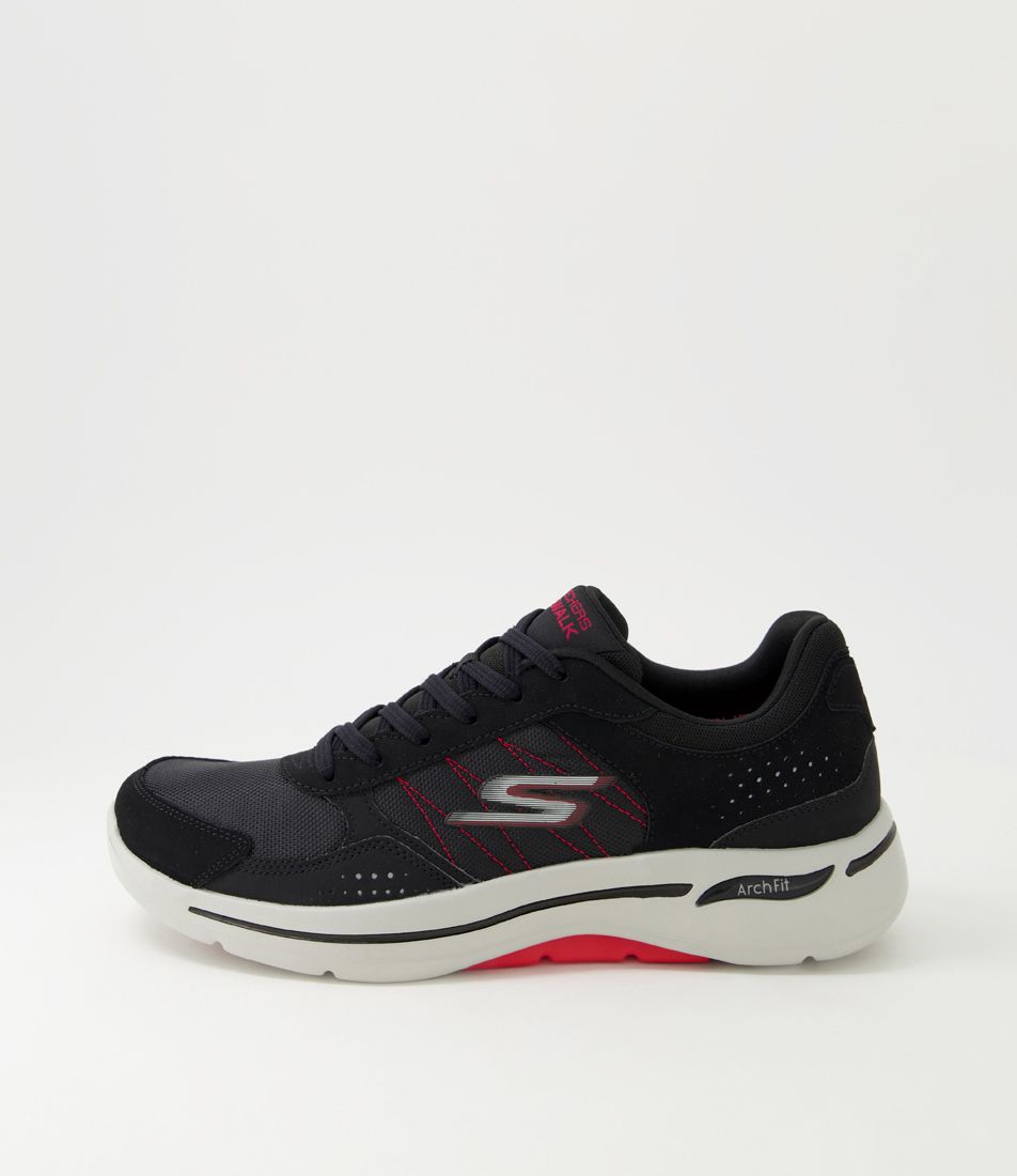 Go Walk Arch Fit Black Red Leather Mesh Sneakers