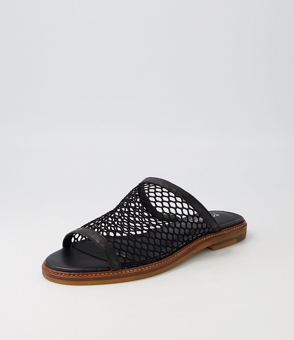 Natavia Black Leather Mesh Slides