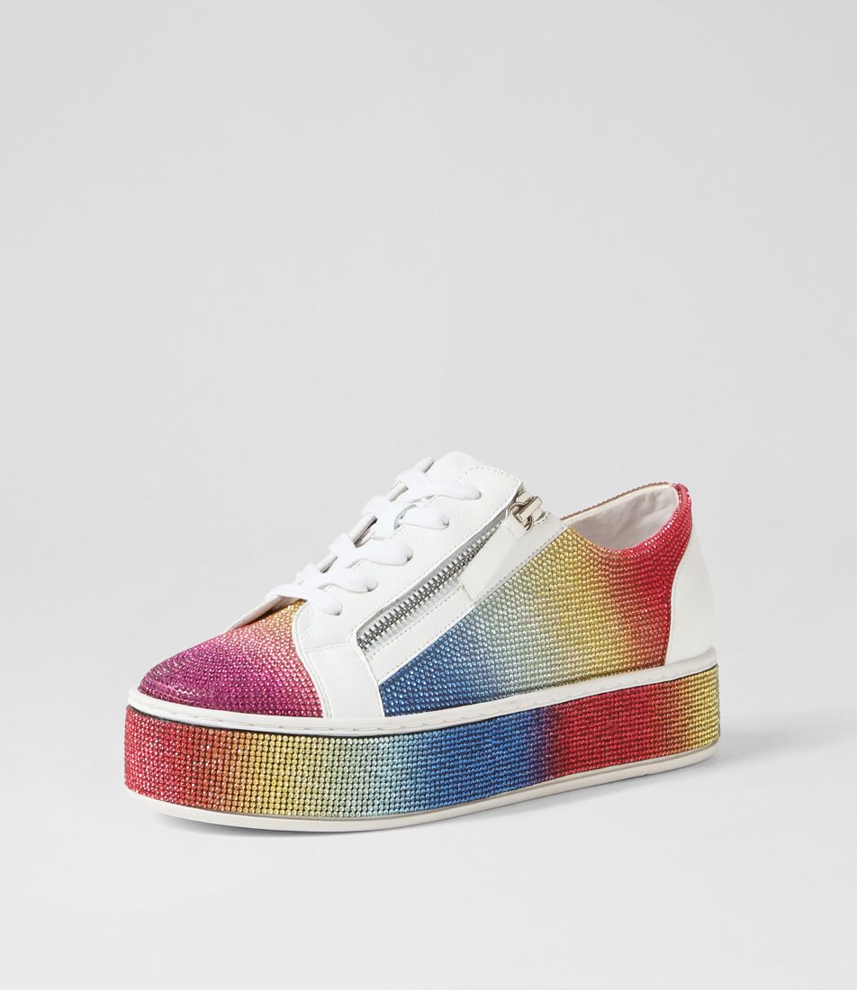 Naura White Rainbow Leather Jewels Sneakers