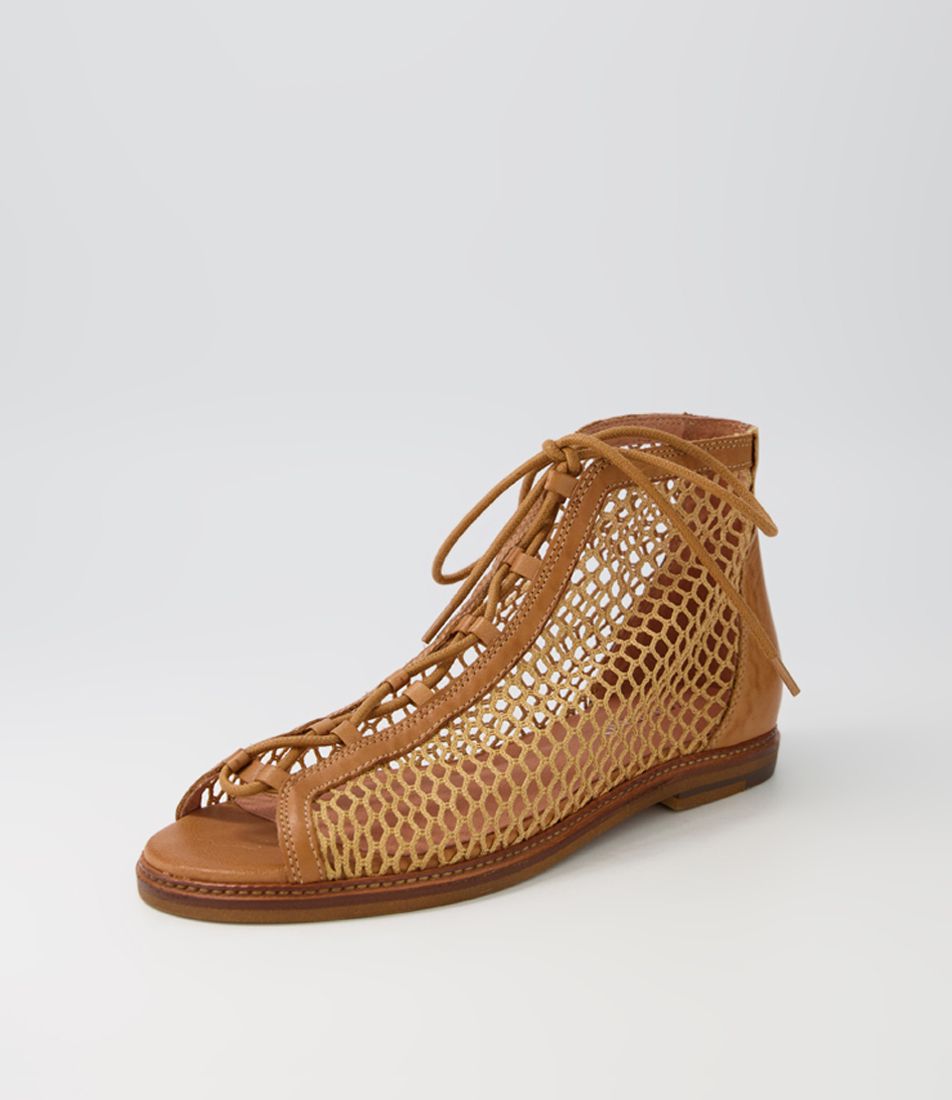 Nesha Dark Tan Leather Mesh Sandals