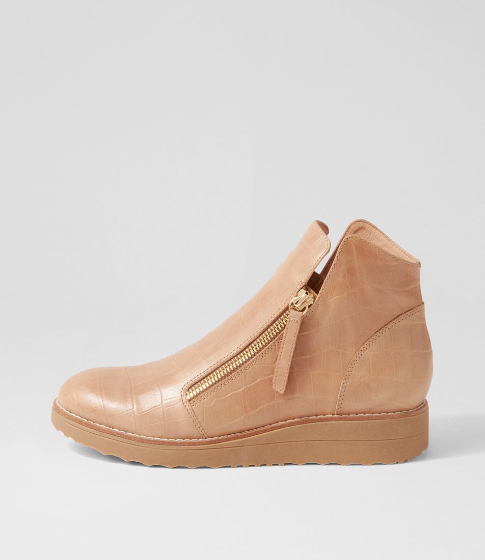 Ohmyes Latte Croc Leather Ankle Boots