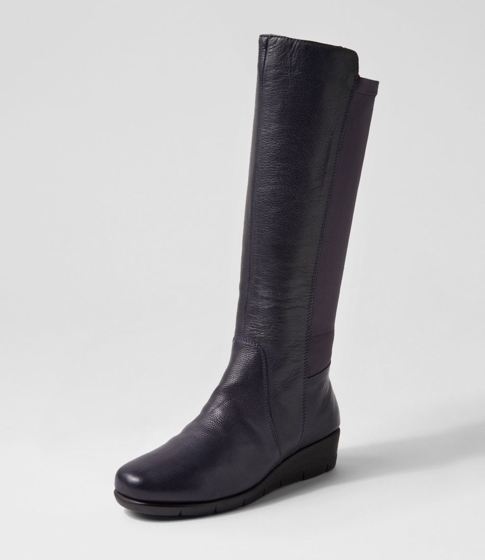 Marcelina Navy Leather Lycra Calf Boots