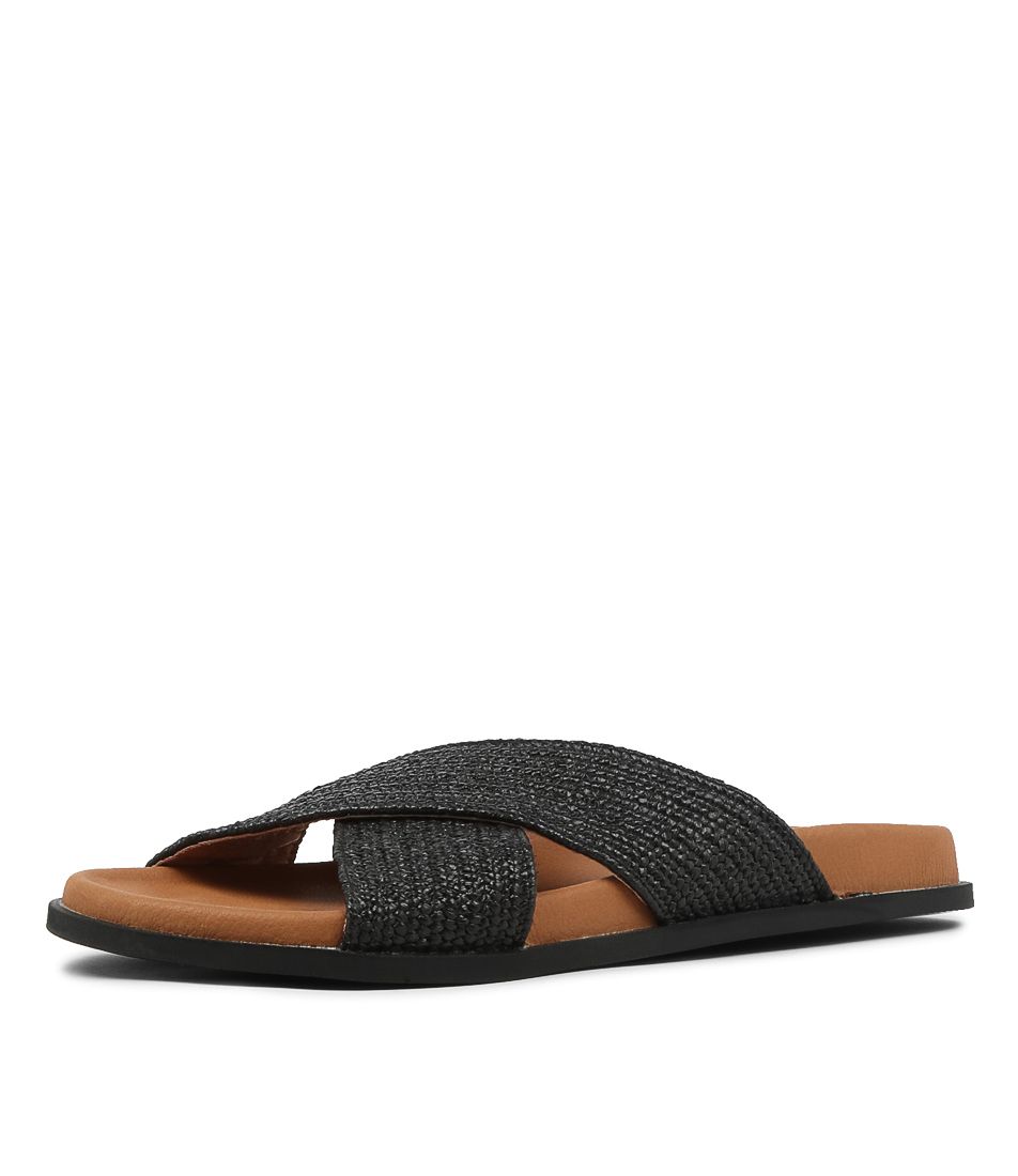 Valene Black Dark Tan Woven Leather Slides