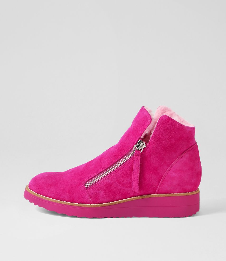 Opal Dark Fuchsia Pink Suede Fur Ankle Boots