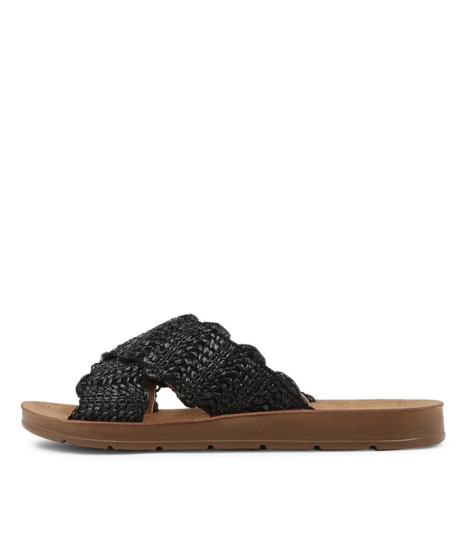 Mulkie Black Syn Raffia Slides NS