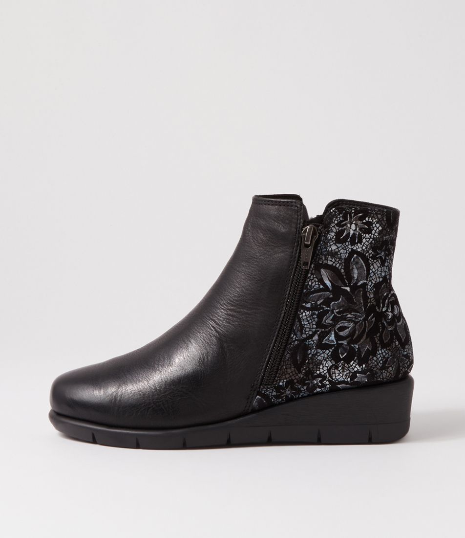 Mysaria Black Grey Flower Leather Suede Ankle Boots