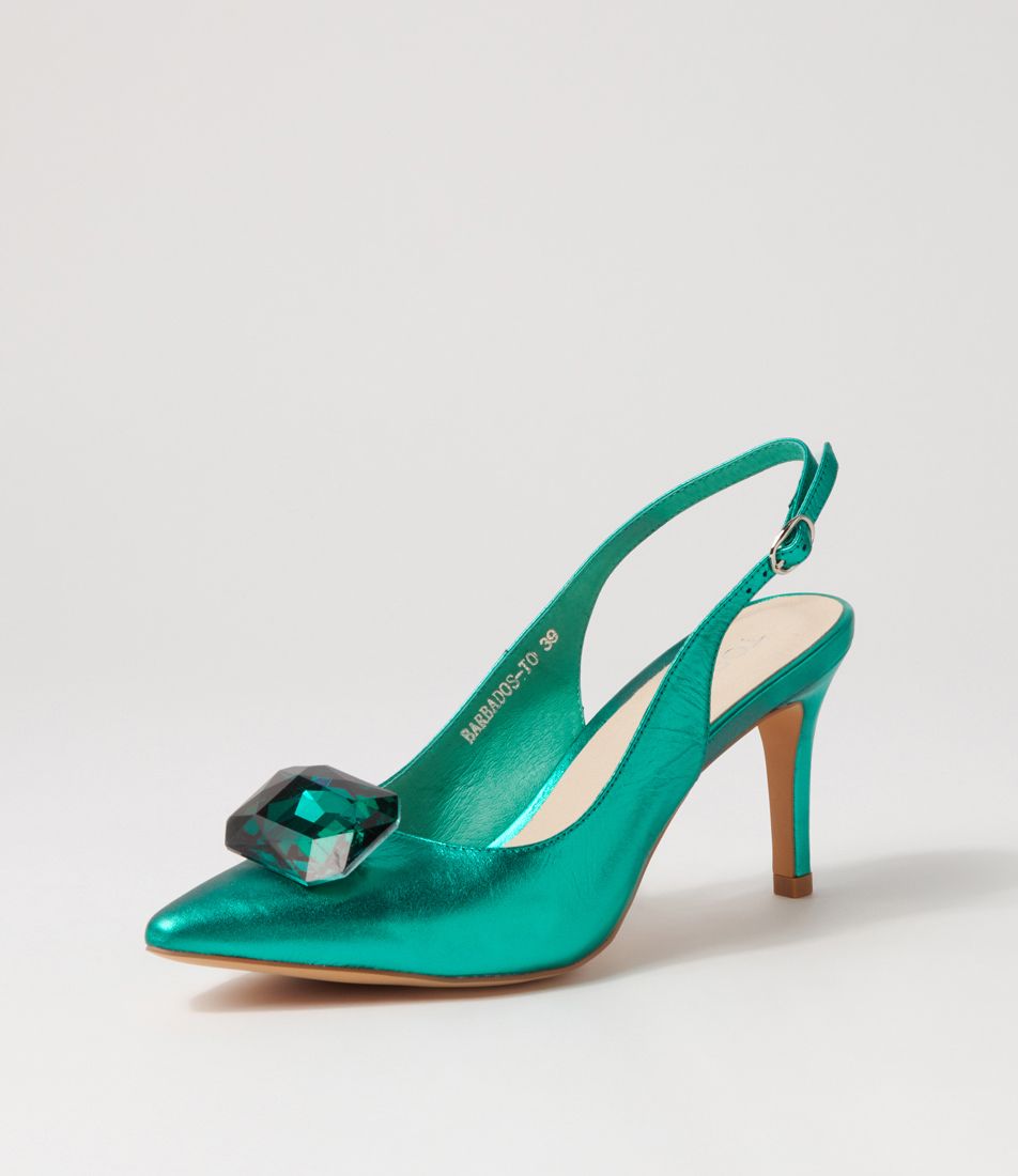 Barbados Emerald Metallic Leather Jewels Heels