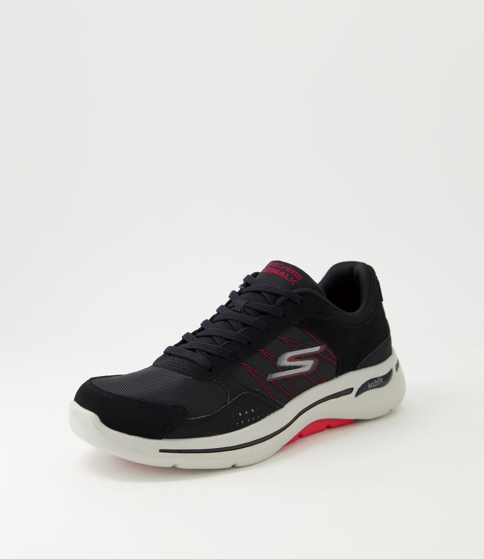 Go Walk Arch Fit Black Red Leather Mesh Sneakers