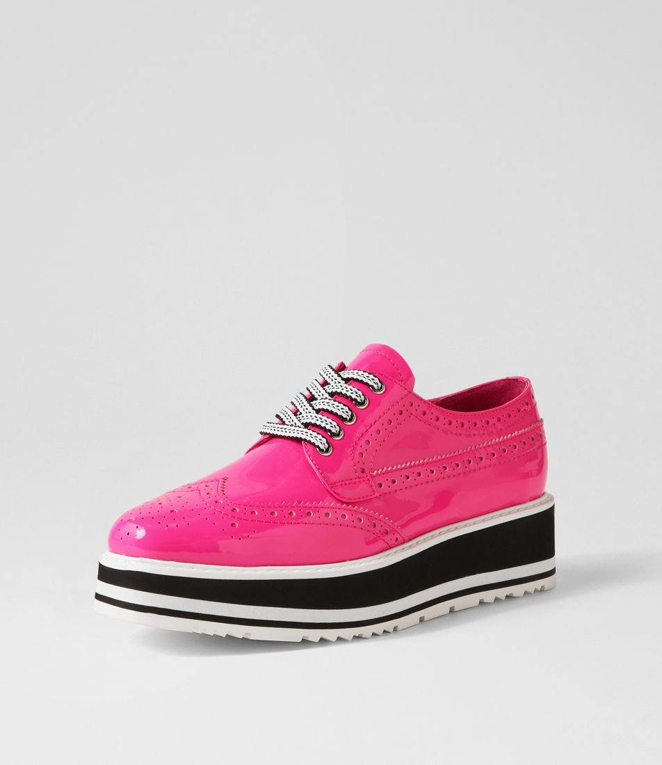 Sansi Hot Pink Patent Leather Lace Up Flats