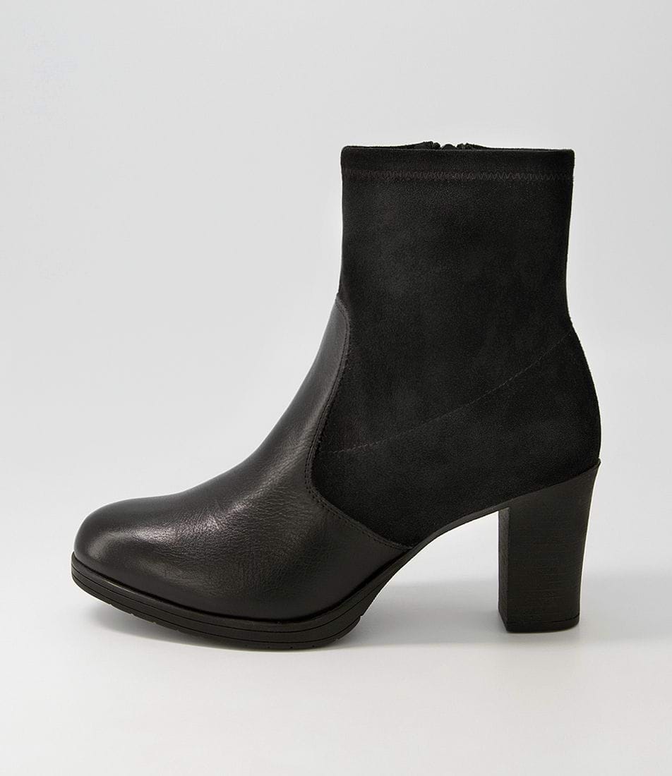 Beamus Black Leather Stretch Microsuede Ankle Boots