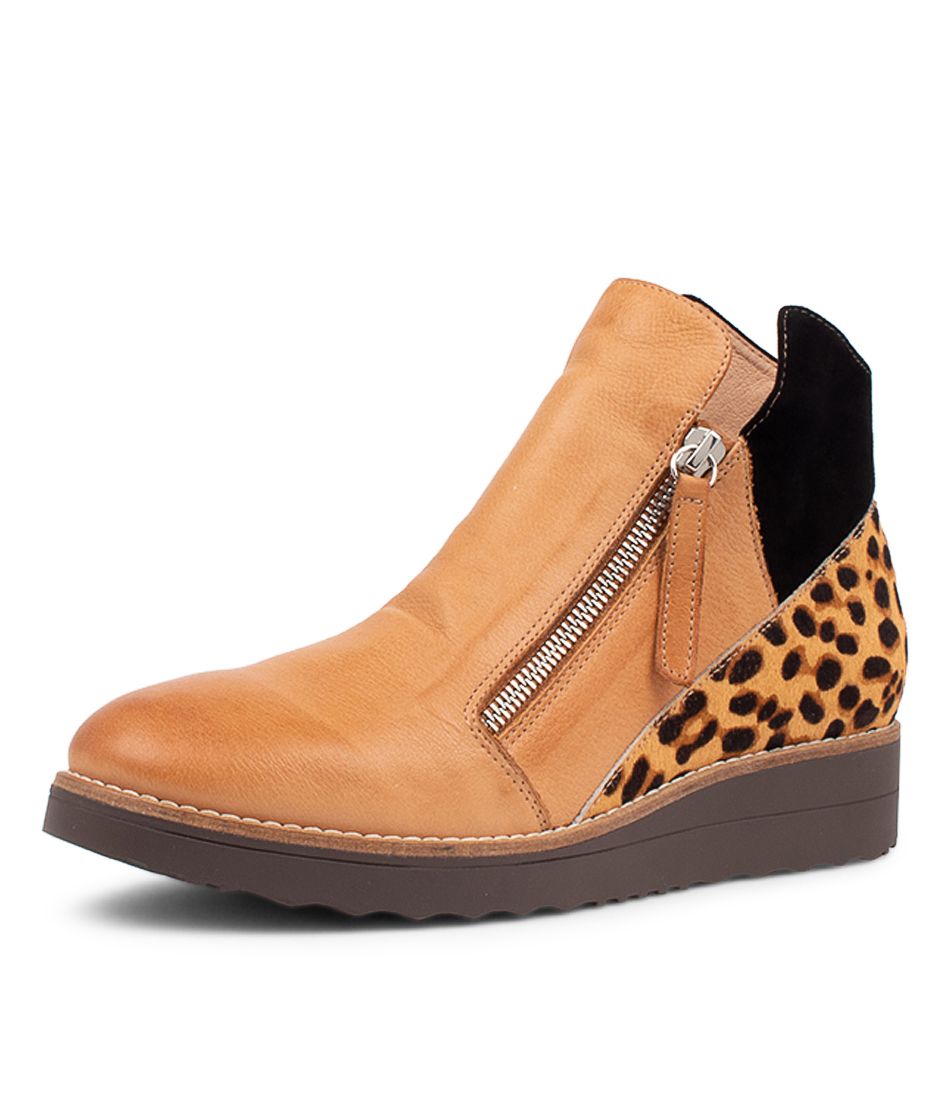 Ossha Dark Tan Leopard Leather Ankle Boots
