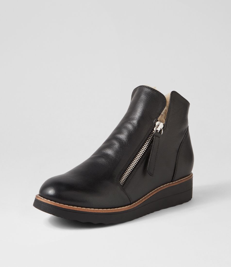 Opal Black Beige Leather Fur Ankle Boots