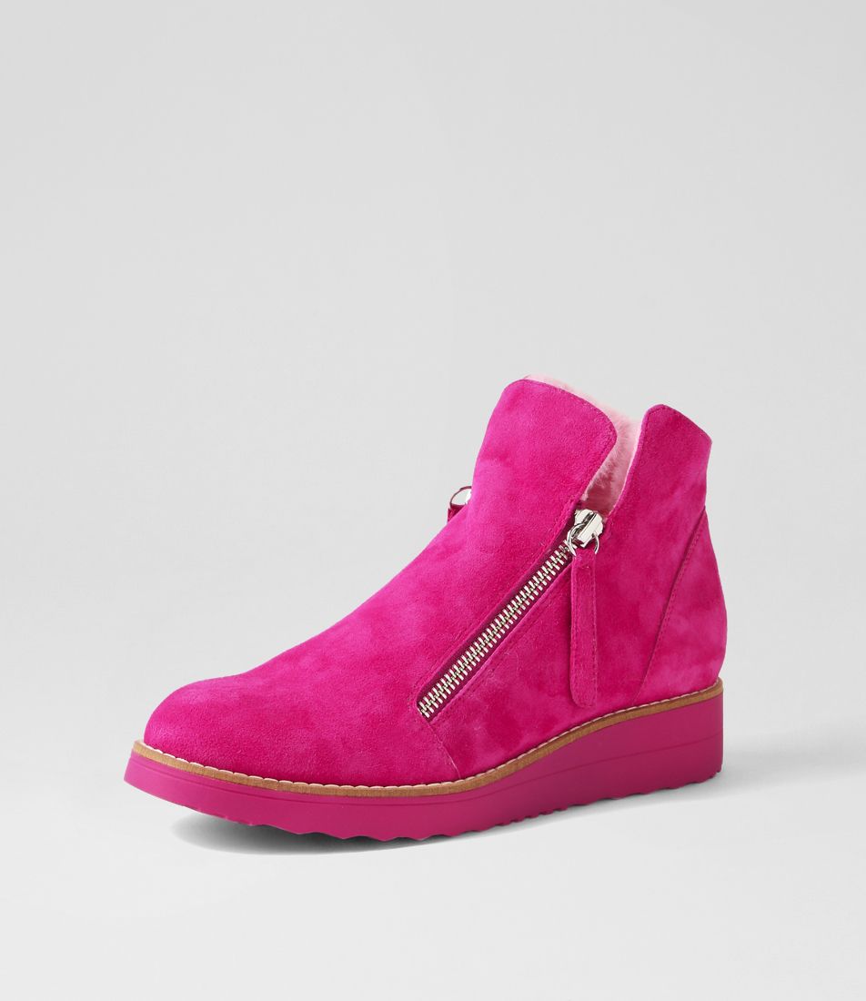 Opal Dark Fuchsia Pink Suede Fur Ankle Boots