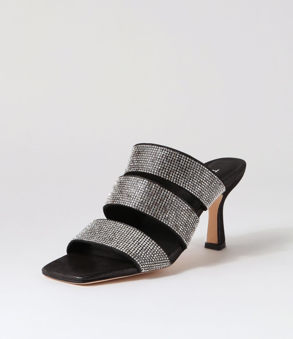 Lomme Black Shimmer Silver Leather Jewels Mules
