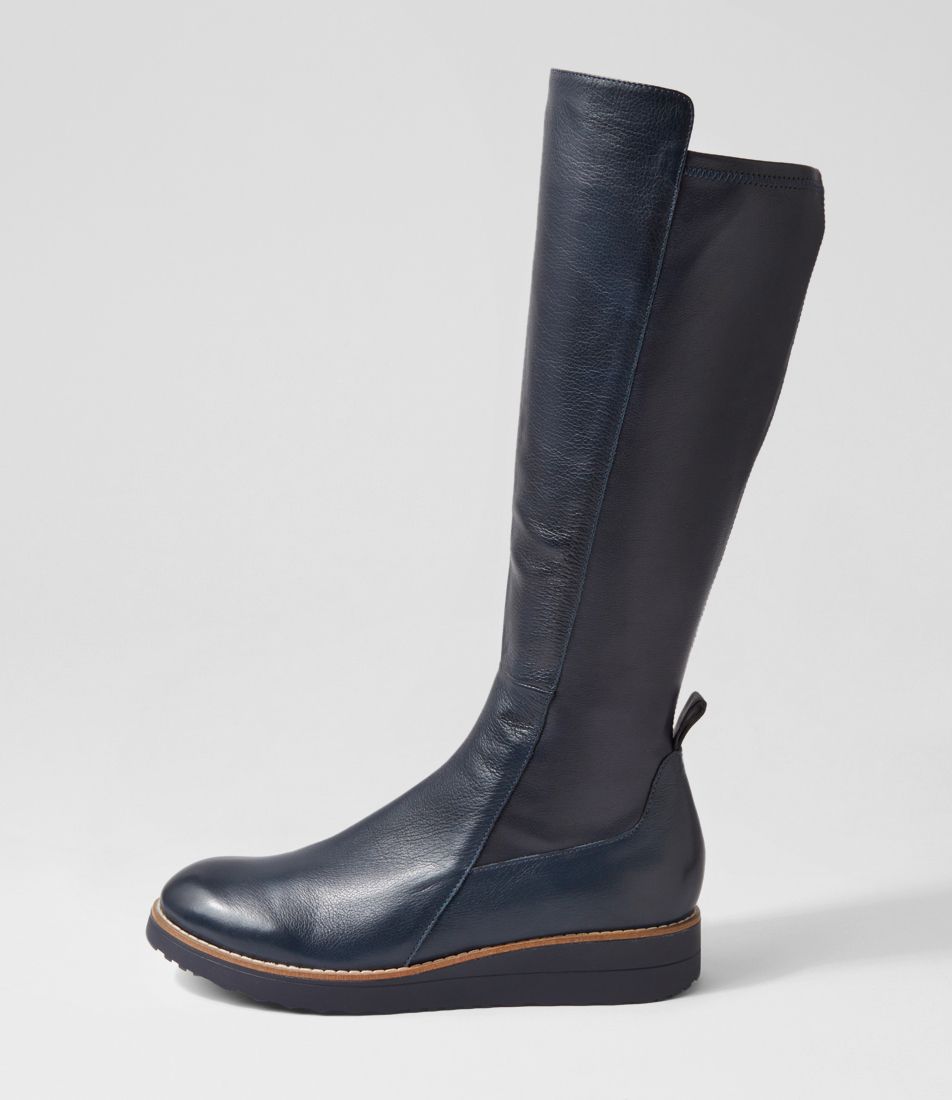 Oletta Navy Leather Stretch Knee High Boots