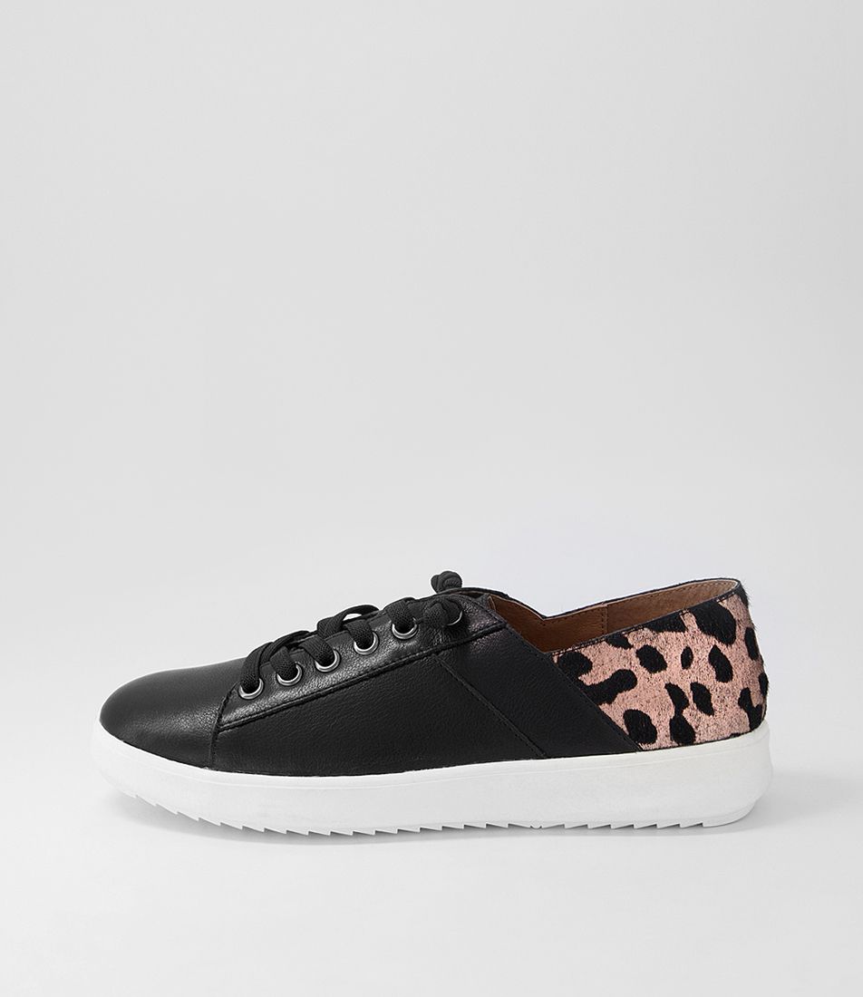 Zaylah Black Rose Gold Leopard Leather Pony Sneakers