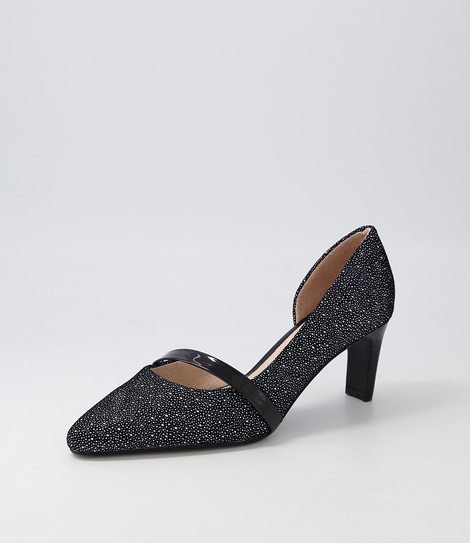 Narda2 Black White Dot Suede Patent Heels