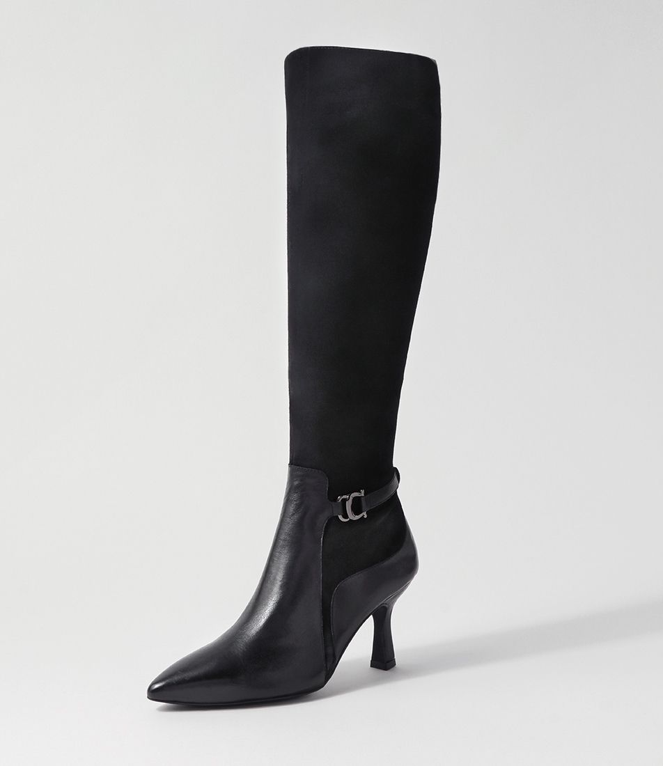 Larnow Black Leather Suede Knee High Boots