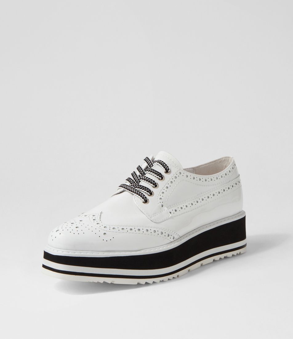 Sansi White Patent Leather Lace Up Flats