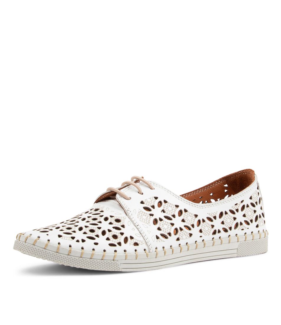 Vouse White Leather Lace Up Flats