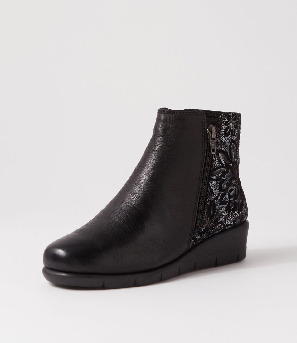 Mysaria Black Grey Flower Leather Suede Ankle Boots