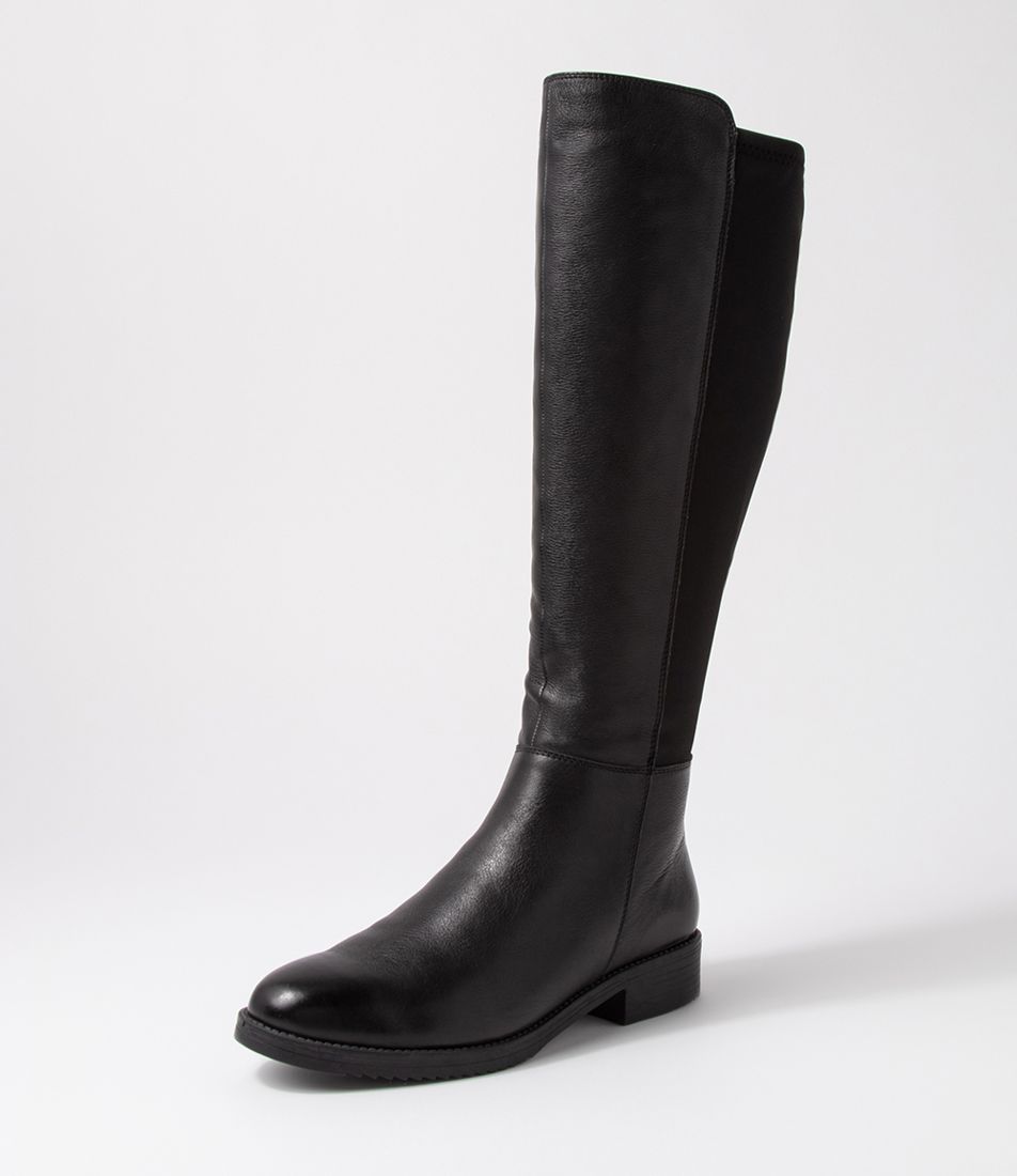 Collabrate Black Leather Stretch Fabric Knee High Boots