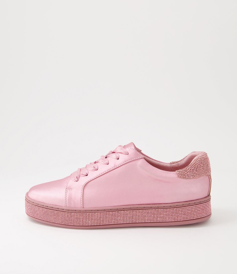 Pluma Pink Satin Metallic Leather Jewels Lace Up Flats