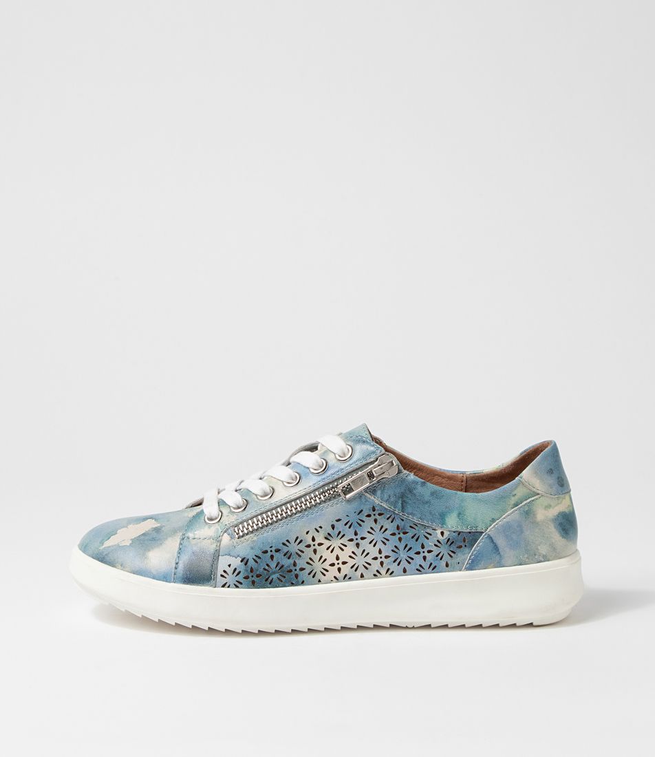 Zarina Blue Clouds White Leather Sneakers