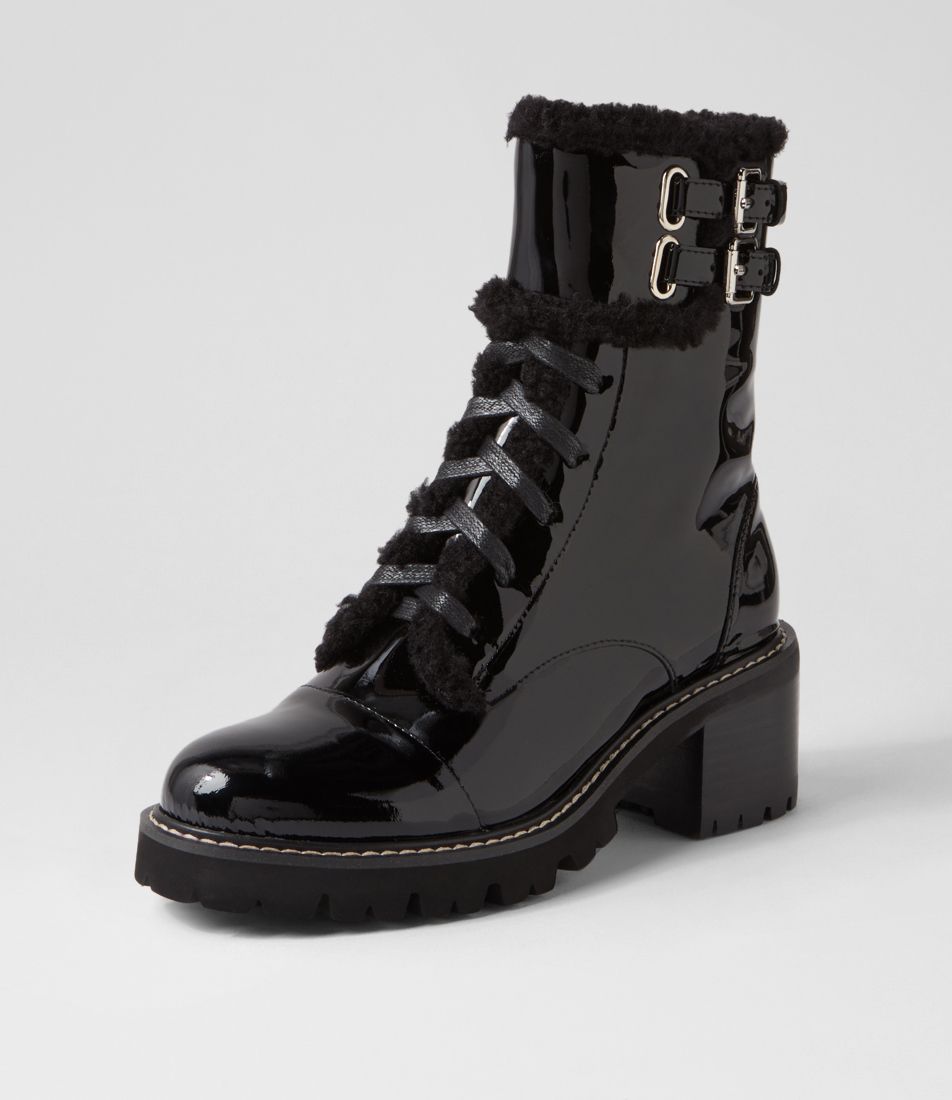 Jenifa Black Patent Fur Lace Up Boots