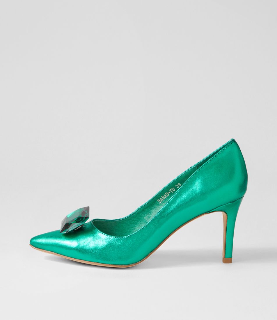 Babao Emerald Metallic Leather Jewels Heels