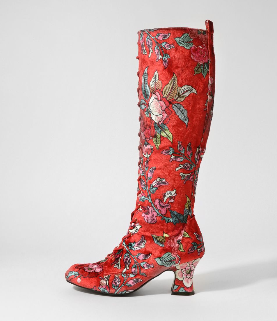 Yarnel Red Floral Velvet Knee High Boots
