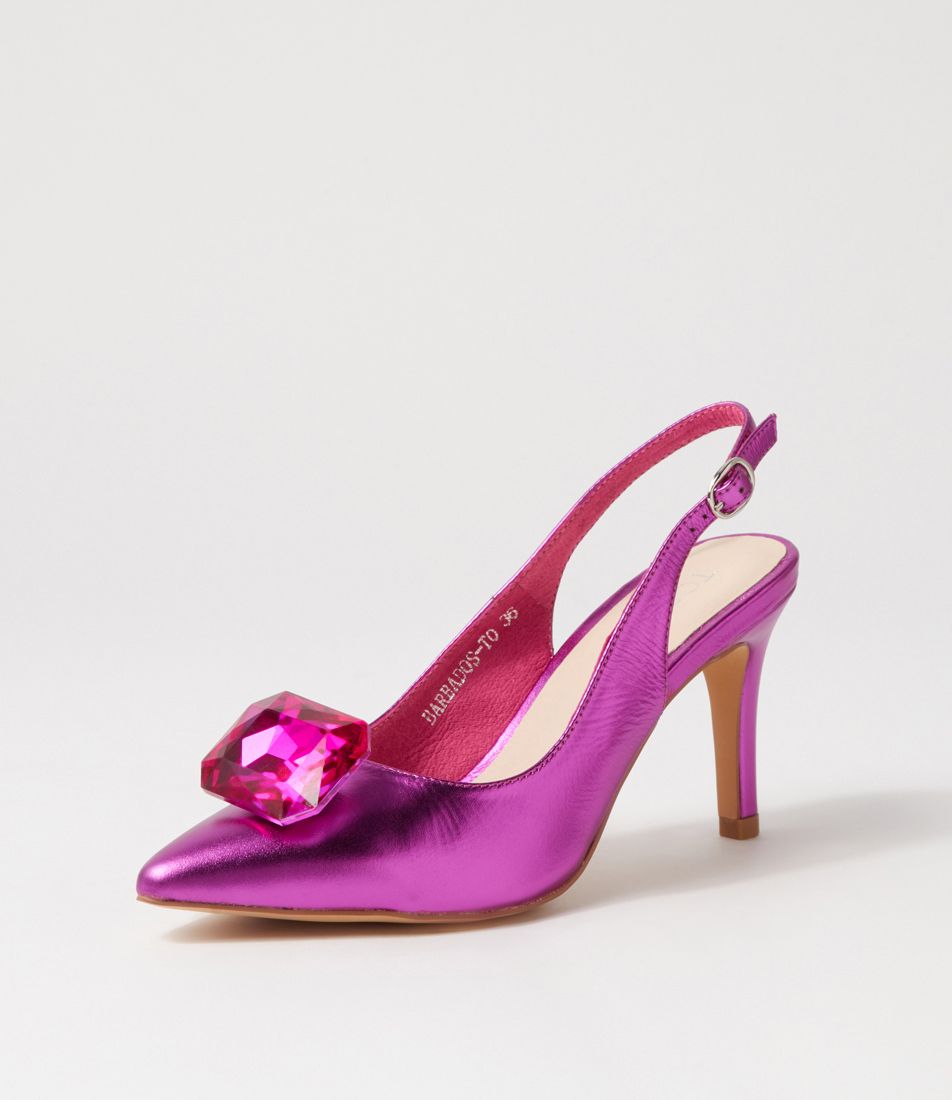 Barbados Fuchsia Metallic Leather Jewels Heels