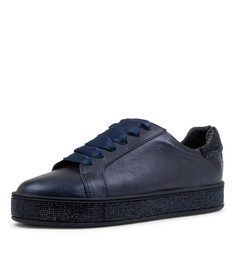 Pluma Navy Metallic Leather Lace Up Flats