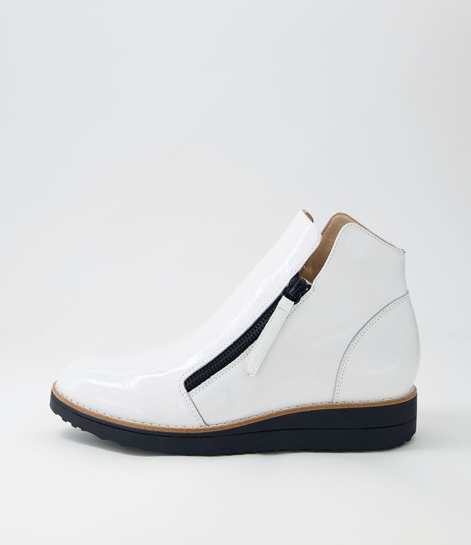 Ohmy White Black Patent Leather Ankle Boots